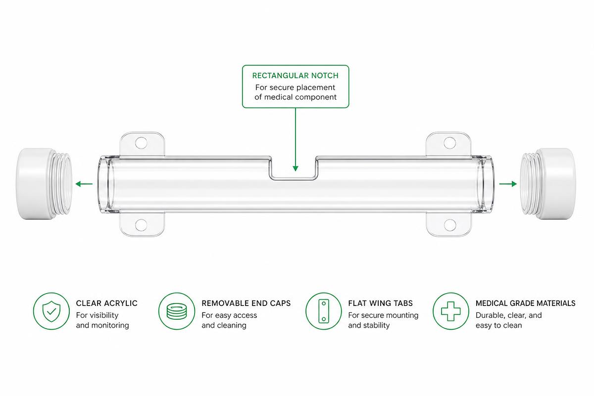 Diagram of the Leech Latcher tube showing the notch, wing tabs and removable end caps